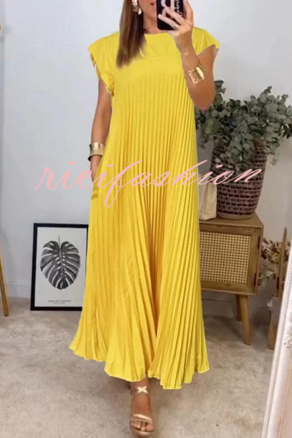 Solid Color Round Neck Sleeveless Pleated Large Hem Maxi Dress