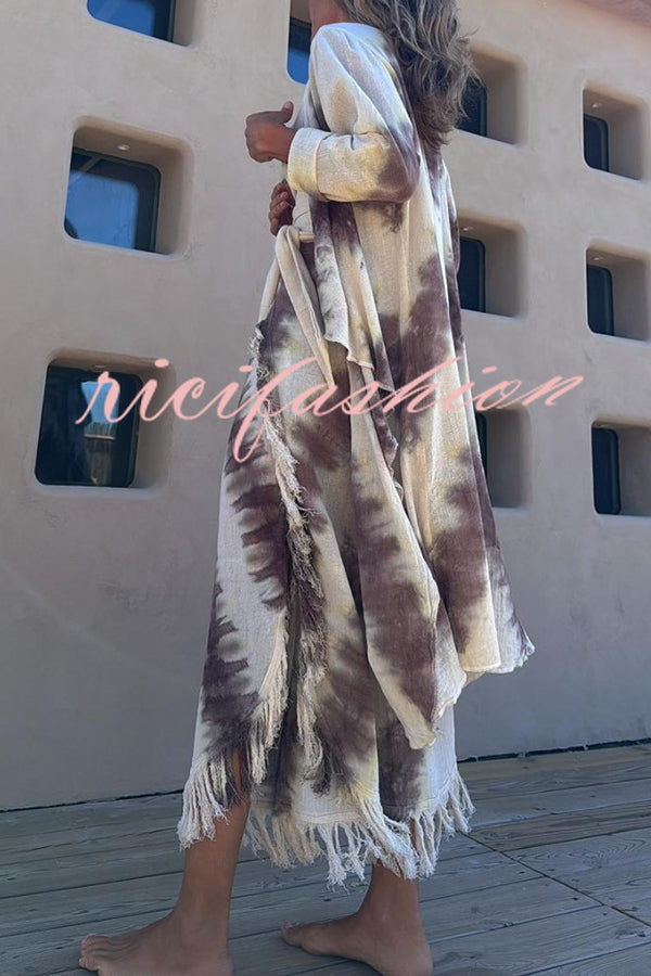 Kailani Linen Blend Tie-dye Print Irregular Hem Duster Kimono