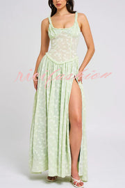 Garden Elf Lace Jacquard Textured Square Neck High Slit Maxi Dress