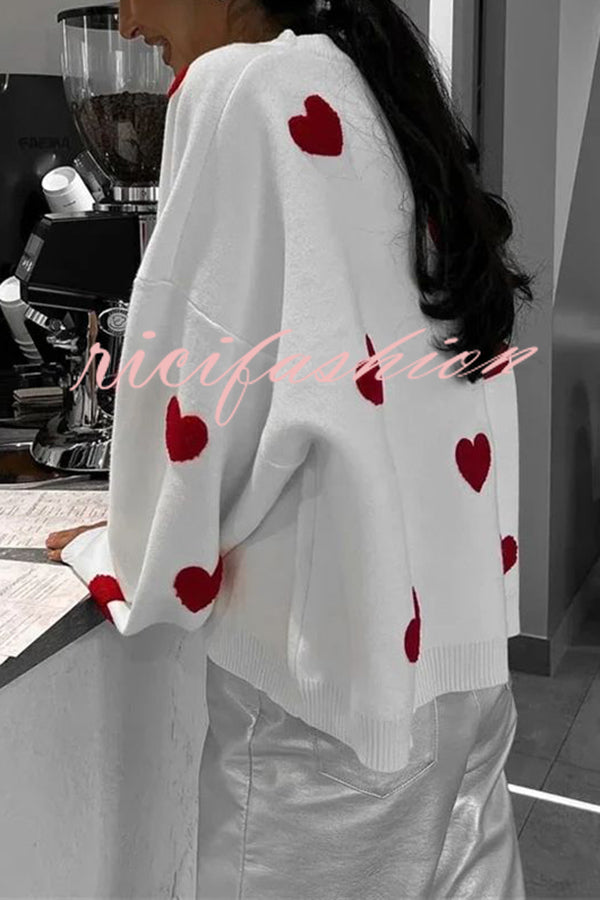 Fashionable Embroidered Love Loose Round Neck Long Sleeve Knitted Sweater