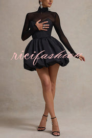 Elegant Mesh High Neck Long Sleeve Puff Hem Slim Sexy Mini Dress