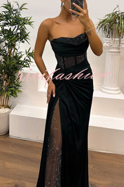 Audrey Satin Paneled Mesh Sequin Fabric Off Shoulder Ruched Drape Maxi Dress