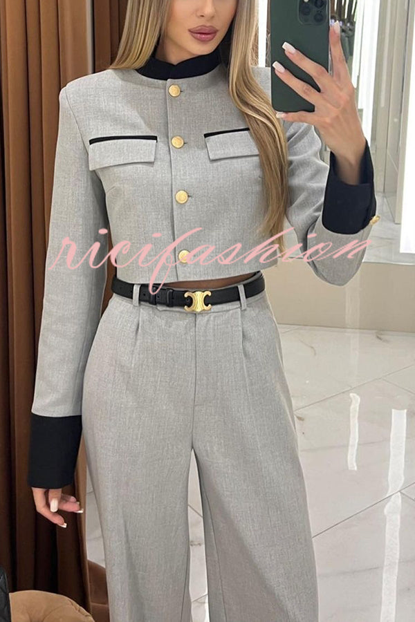 Stylish Contrasting Cropped Long Sleeve Top and Pocket Straight Leg Pants Set