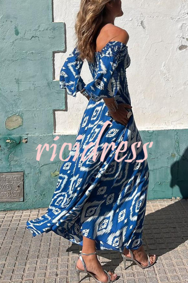 Close To The Vacation Ethnic Print Smocked Off Shoulder Pocketed Maxi Dress