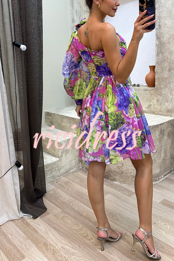 Vivid Visions Floral Print Pleated One Shoulder Sleeve Swing Mini Dress