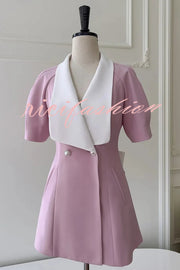 Seasonal Cheer Pearl Button Puff Sleeve Backless Bow Lapel Mini Dress