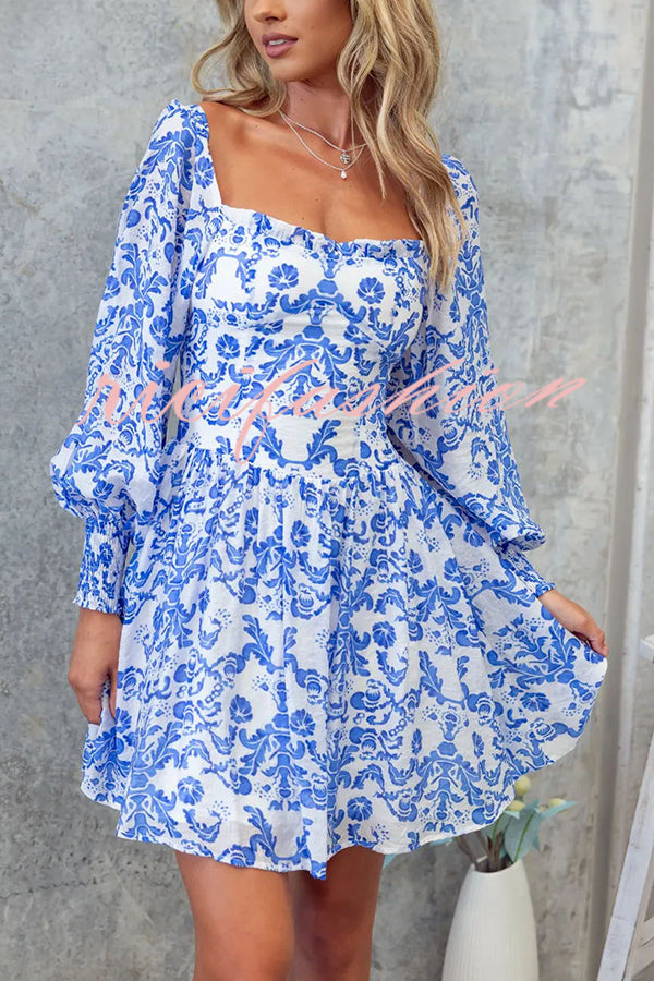 Formia Chiffon Unique Print Lantern Sleeve Back Smocked Mini Dress