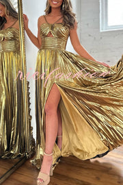 Queen Style Metallic Fabric Cross Neck Cutout Slit Pleated Maxi Dress