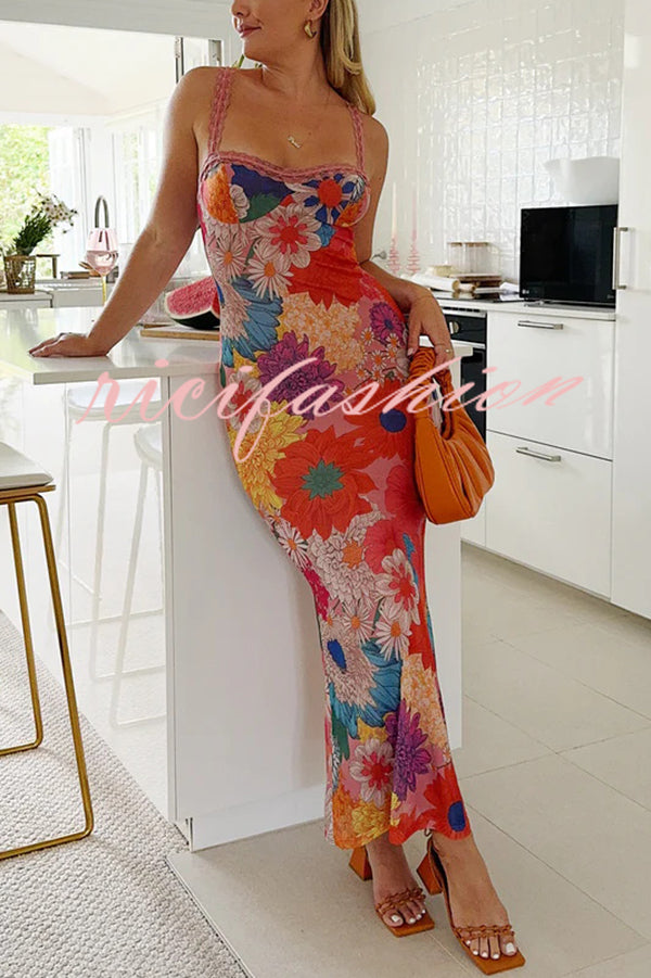 Floral Print Lace Trim Sexy Strapless Backless Slim Fit Maxi Dress