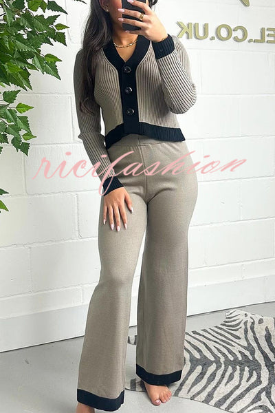 Fashionable Knit Colorblock Long Sleeve Cardigan and Elastic Waist Loose Stretch Pants Set