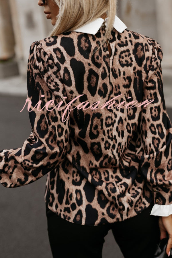 Leopard Print Lapel Long Sleeve Casual Shirt