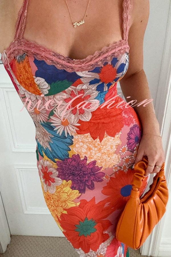 Floral Print Lace Trim Sexy Strapless Backless Slim Fit Maxi Dress