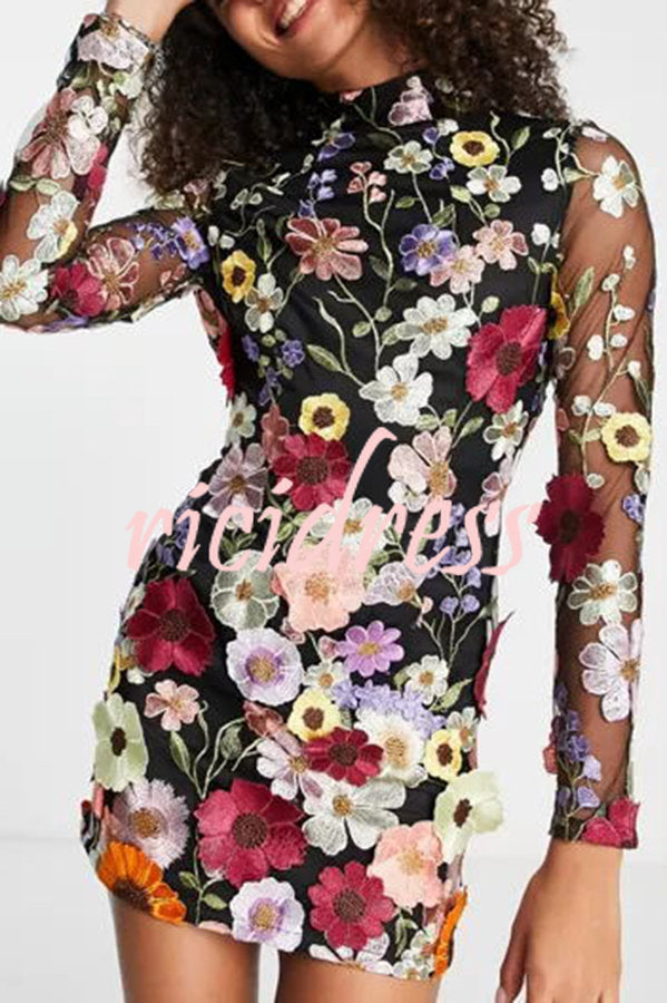 Elegantly Enchanted Floral Applique Backless Long Sleeve Mini Dress