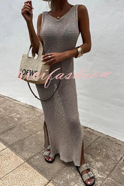 Solid Color Knitted Cutout Slit Slim Fit Maxi Dress