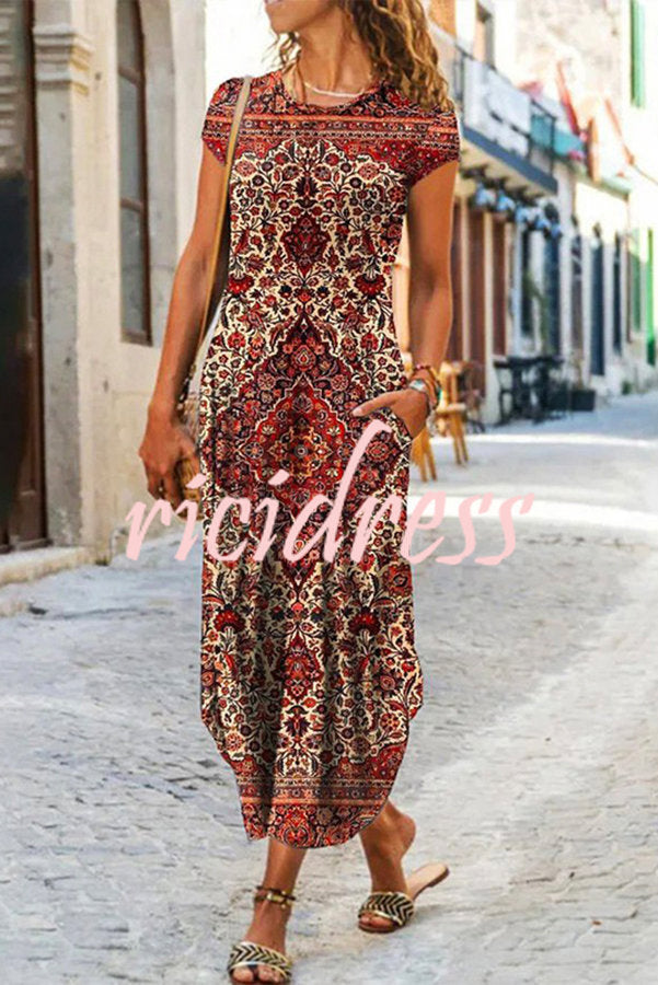 Ada Ethnic Floral Pocketed Daily /vacation Stretch Midi Dress