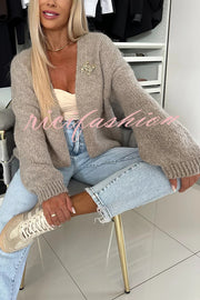 Explore Autumn Knit Open Front Long Balloon Sleeve Loose Cardigan