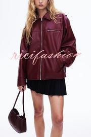 Fashion Lapel Long Sleeve Pocket Zipper Leather Jacket