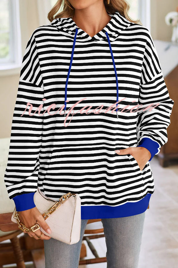 Striped Print Long Sleeve Pocket Loose Hoodie