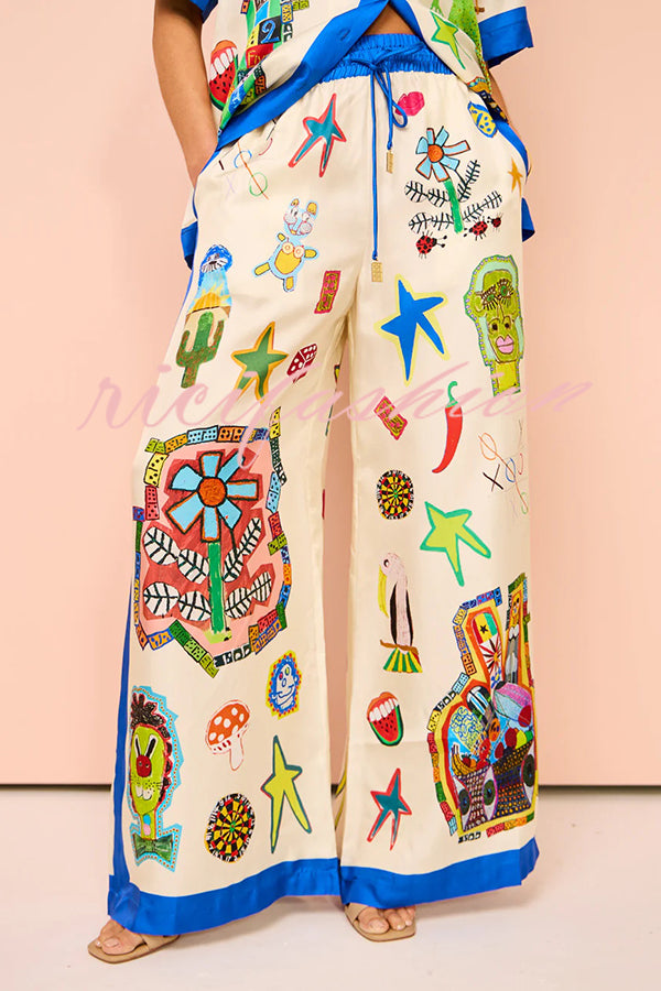 Vibrant Beach Satin Unique Print Colorblock Trim Elastic Waist Pocketed Wide Leg Pants