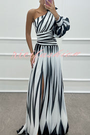 Purely Charming Printed Rose Pendant One Shoulder Pleated Slit Maxi Dress