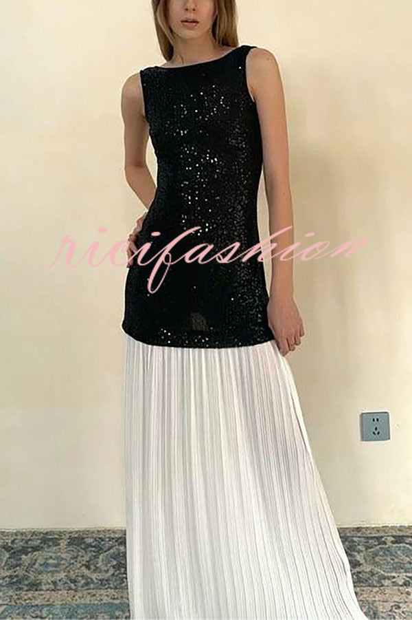 Sexy Backless Sleeveless Sequined Pleated Hem Maxi Dress