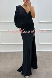 Like Venus One Shoulder Bat Sleeve Ruched Detail Slit Gown Maxi Dress