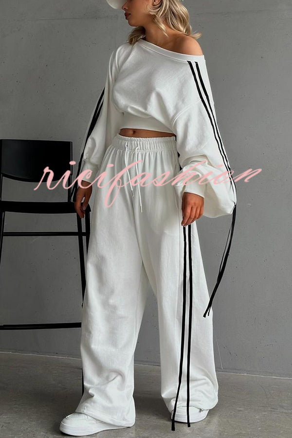 Contrast Color Webbing Casual Sweatshirt and Elastic Waist Tie Loose Pants Set