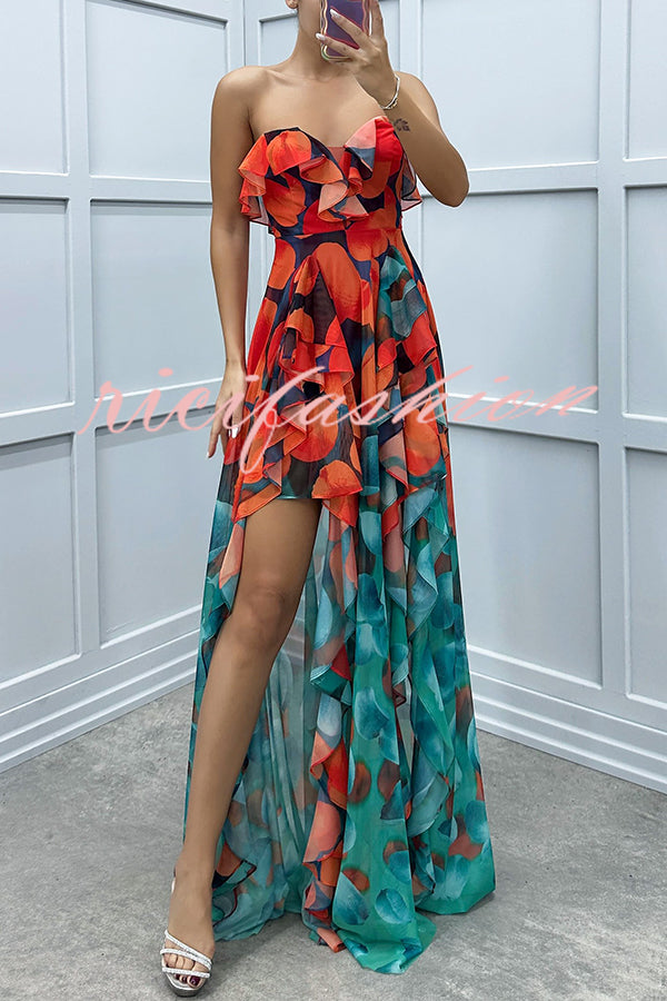 Loving Moment Gradient Unique Print Flowing Layered Ruffles Strapless Slit Maxi Dress