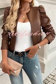 Yelissa Faux Leather Statement Long Sleeve Open Front Crop Jacket