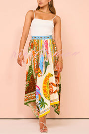 Summer Destination Satin Unique Print Elastic Waist Irregular Hem Maxi Skirt