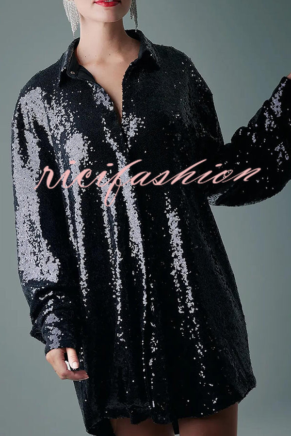 Solid Color Sequined Long-sleeved Casual Mid-length Loose Shirt