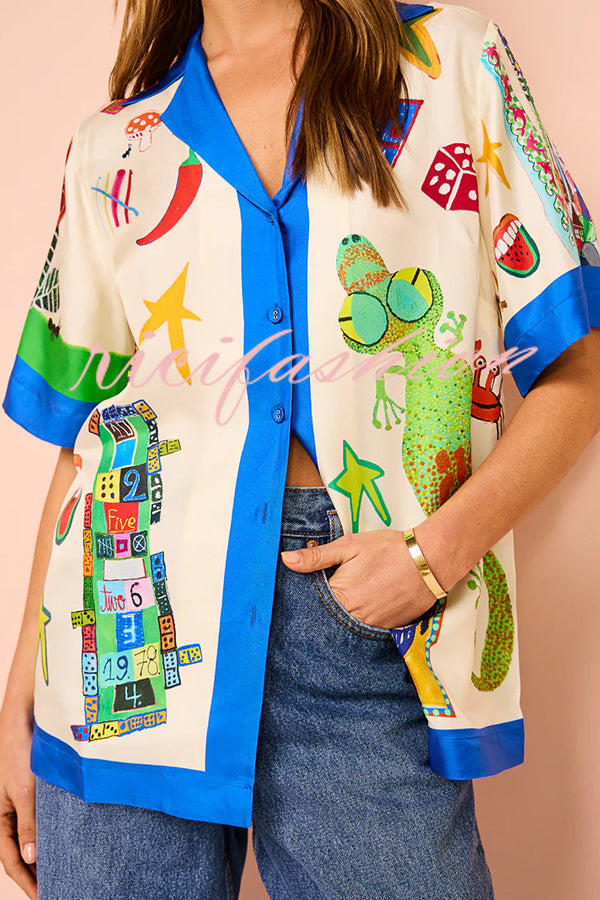 Vibrant Beach Satin Unique Print Colorblock Trim Button Down Oversized Blouse