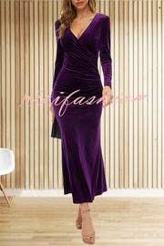 Solid Color Velvet Long Sleeve V-neck Slim Fit Fishtail Maxi Dress