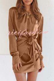 Satin Round Neck Long Sleeve Elastic Tie Mini Dress