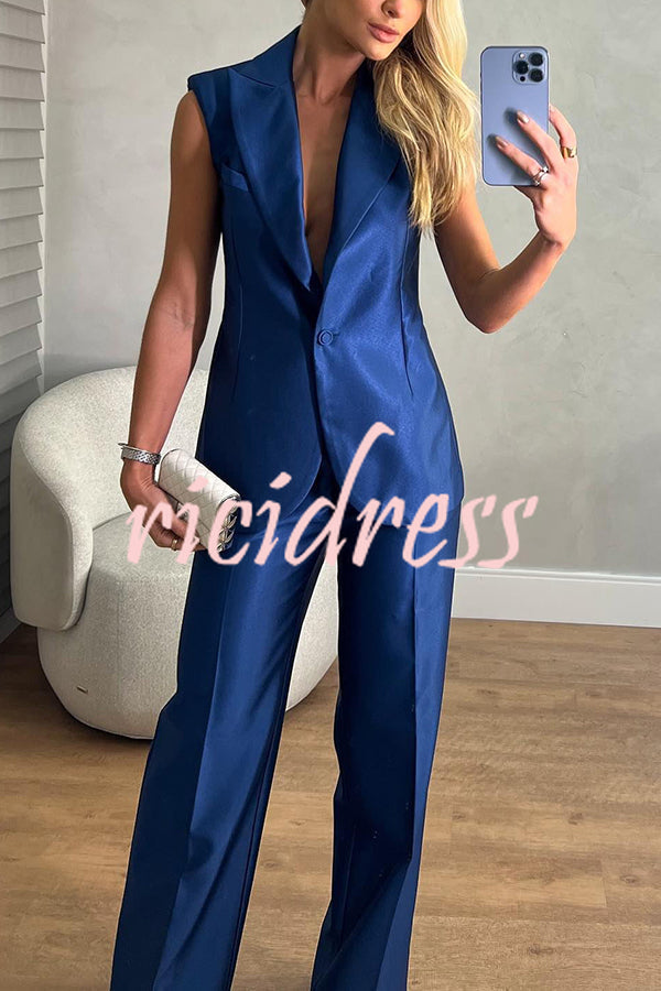 Luxurious Styling Satin Backless Straps Lapel Blazer Vest and Straight Pants Set