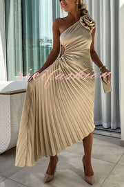 Romantic Nights Satin Raised Flower Elastic Cutout One Shoulder Pleated Maxi Dress