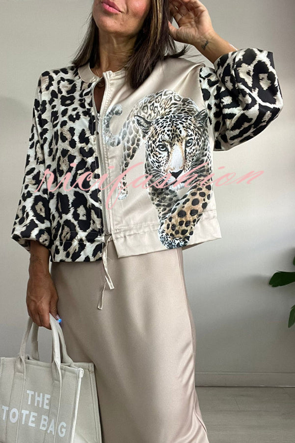 Shiloh Leopard Unique Print Zipper Drawstring Hem Bomber Jacket