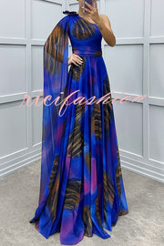 Lucia Unique Print Floral Detail One Shoulder Draped Sleeve Gown Maxi Dress