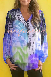 Fashionable Gradient Tie-dye V-neck Long-sleeved Casual Shirt