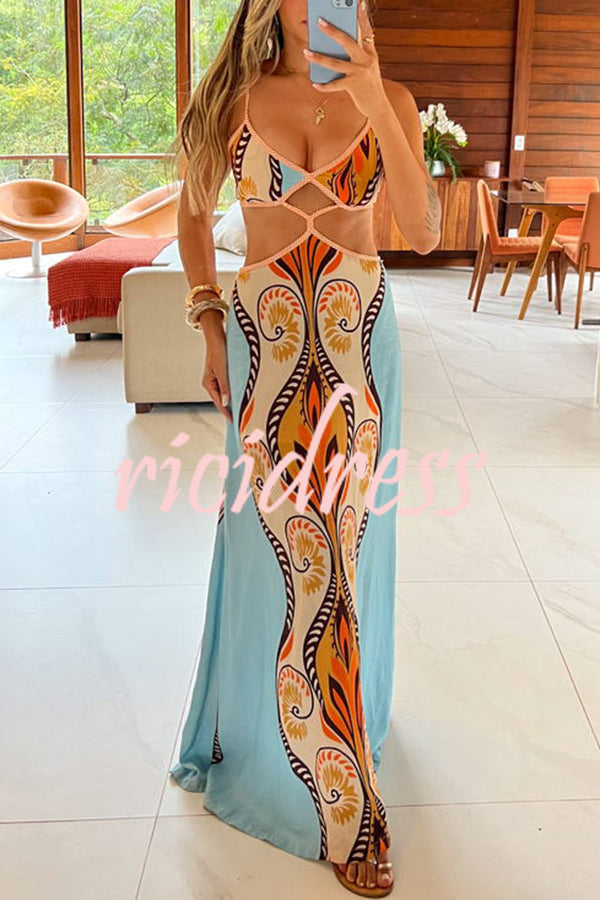 Summer Symphony Linen Blend Ethnic Unique Print Cutout Waist Back Tie-up Maxi Dress