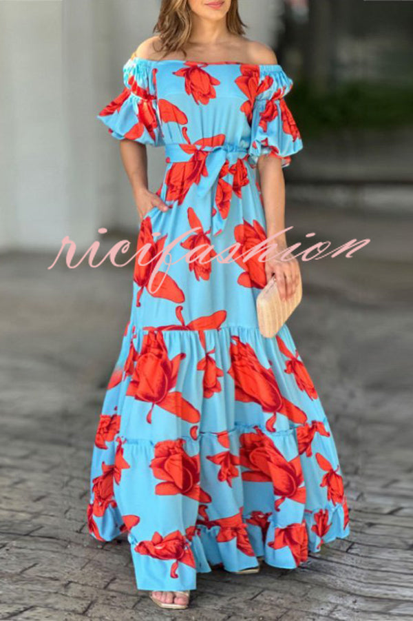 Floral Print Waist Belted Slim Fit Off The Shoulder Maxi Dress