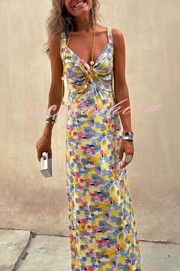 Flora Watercolor Print Crossover Neck Wide Straps Stretch Maxi Dress