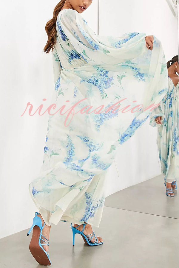 Headed To The Ocean Chiffon Floral Drawstring Waist Maxi Dresses