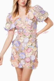 Garden Gala Embroidered Floral Applique Puff Sleeve Mini Dress