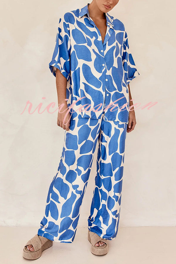 Lazy Beach Days Unique Print Short Sleeve Loose Shirt and Elastic Waist Pants Set