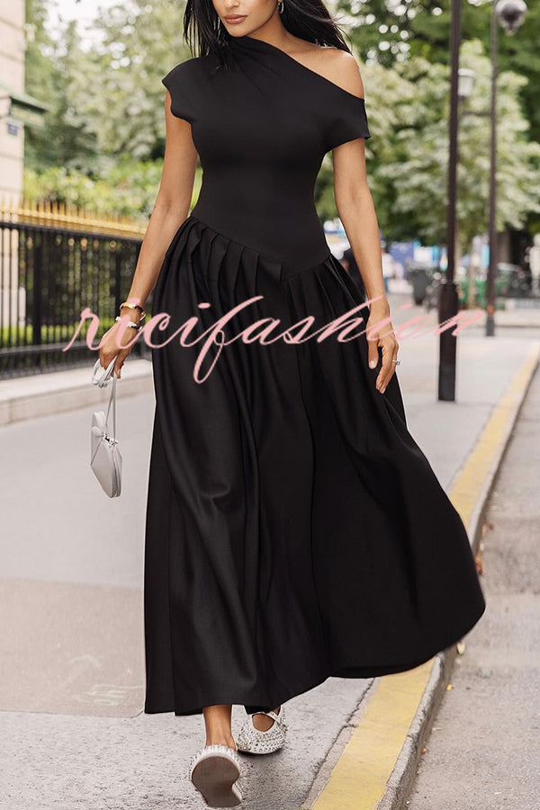 Fashionable Slope Neck Slim Fit Large Hem Maxi Dress