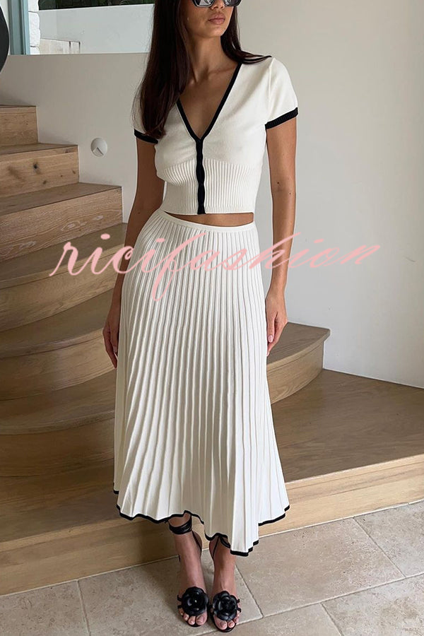 Stylish Stretch Fit Short-sleeve Top and Elastic Waist Midi Skirt Set