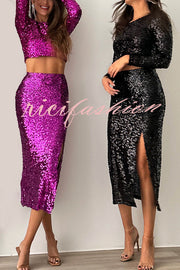 Solid Sequined Long-sleeved Crop Top and Sexy Slit Midi Skirt Set