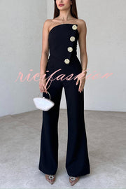 Solid Color Sexy Tube Top Gold Button Embellished Bootcut Jumpsuit