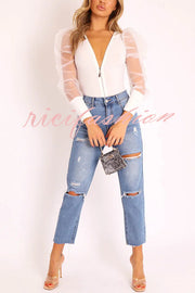 Solid Color Zip Front Sheer Puff Sleeves Bodysuit